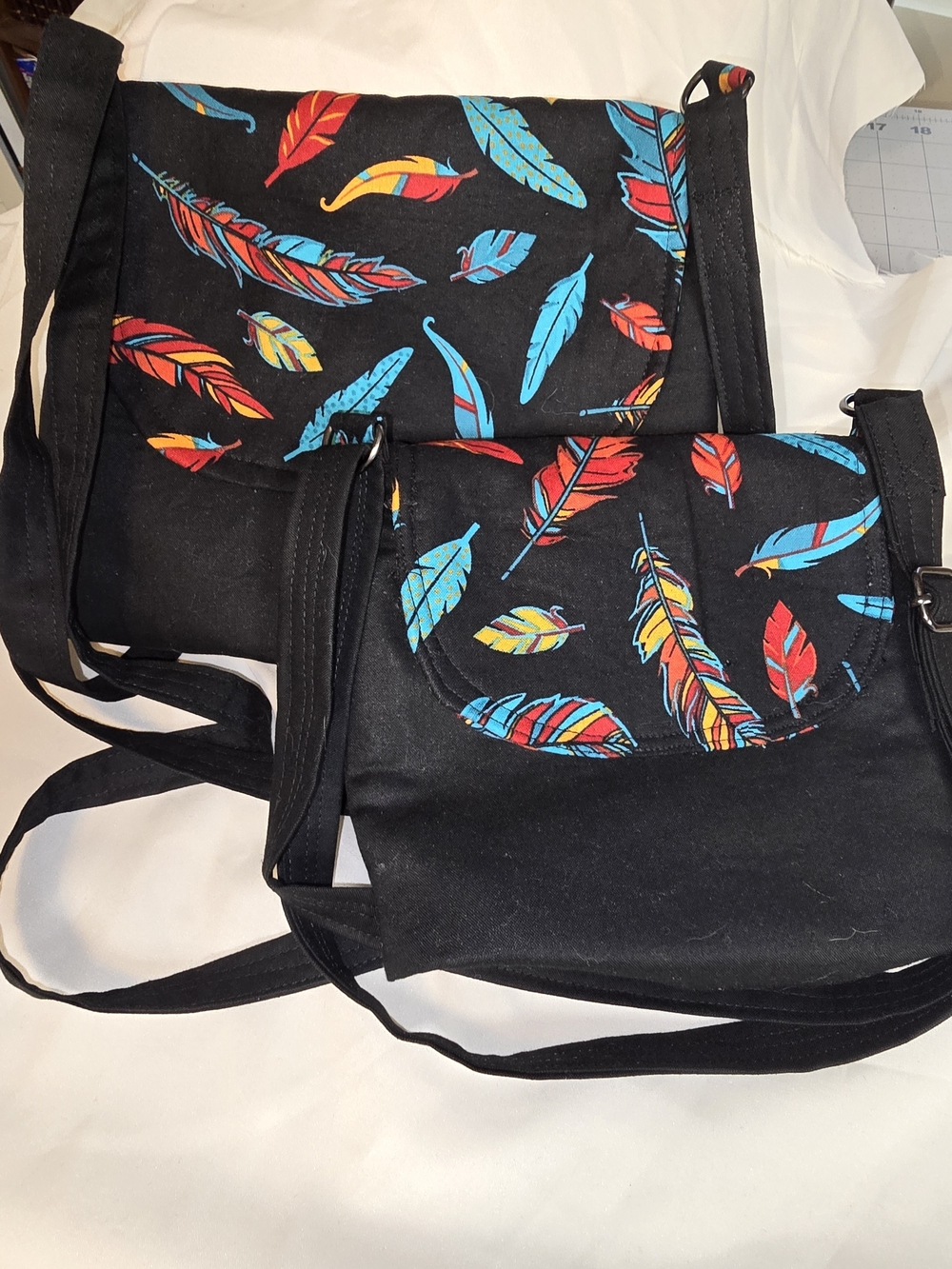 Black Crossbody Feather Print Bag - Colorful Feathers